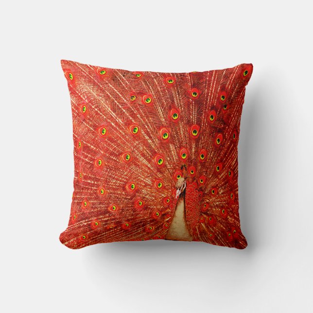 Red Peacock Displaying His Red Feathers,   Throw Pillow (Front)