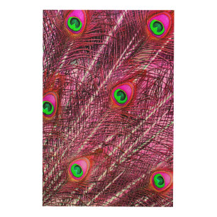 Red peacock feathers color plumage wood wall art