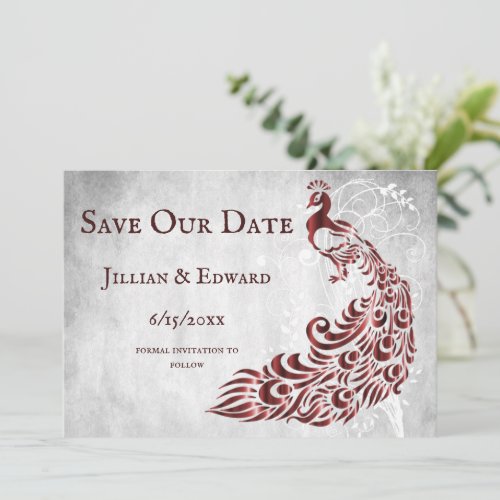 Red Peacock Leaf Vine Save The Date Announcement