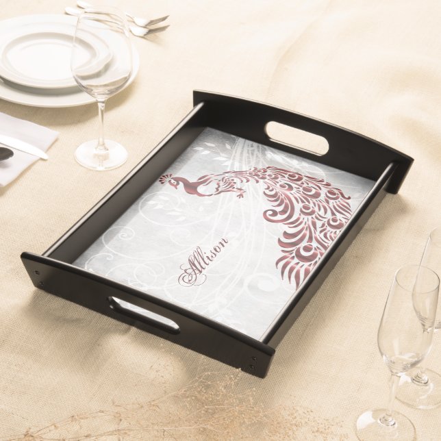 Red Peacock Personalized Serving Tray (Front)