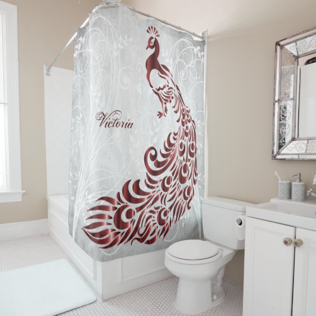 Red Peacock Personalized Shower Curtain (In Situ)