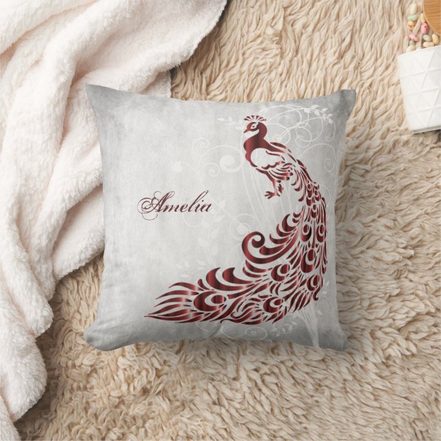 Red Peacock Personalized  Throw Pillow (Blanket)