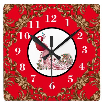 Red Peacock Square Wall Clock
