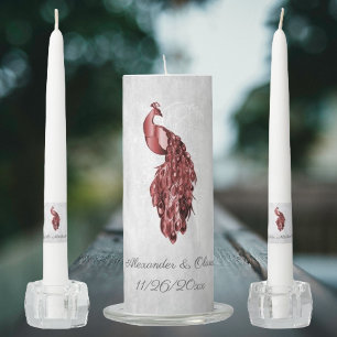 Red Peacock Wedding Unity Candle Set