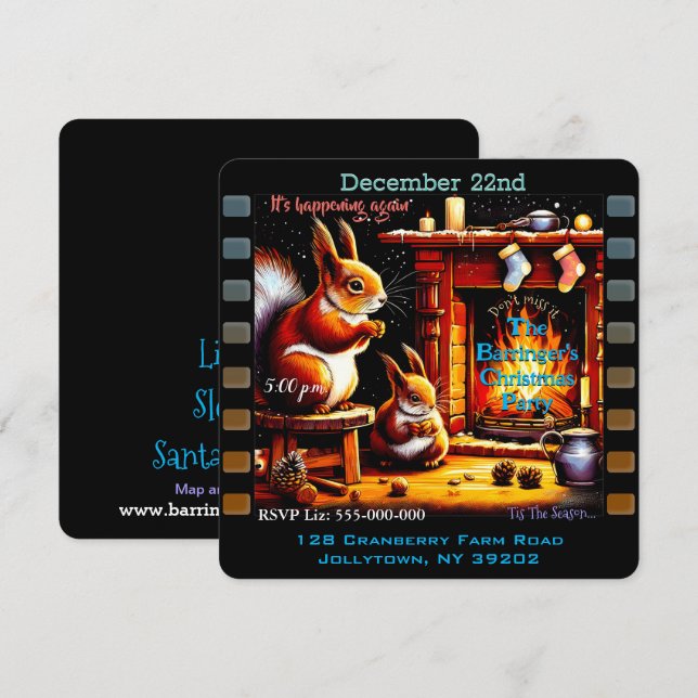 Red  Peanut Squirrel Family Christmas Party Invitation (Front/Back)