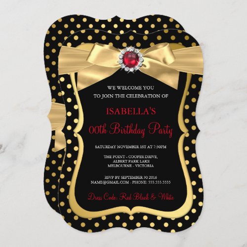 Red Pearl Gold Bow Black Polka Dot Birthday Party Invitation