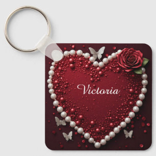 Red Pearl Heart With Roses For Valentine Decor ❤️ Keychain