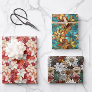 Red Pearl Peach Floral Wrapping Paper Sheets