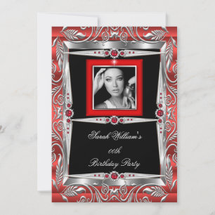 Red Pearls Birthday Party Black Silver Photo B Invitation
