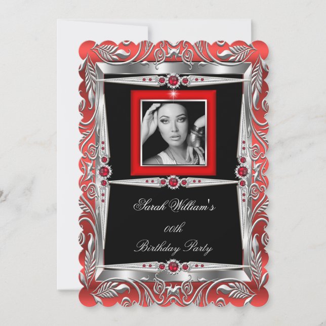 Red Pearls Birthday Party Black Silver Photo B Invitation (Front)