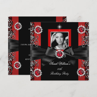 Red Pearls Birthday Party Black Silver Photo Invitation