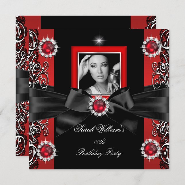 Red Pearls Birthday Party Black Silver Photo Invitation (Front/Back)