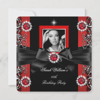 Red Pearls Birthday Party Black Silver Photo Invitation