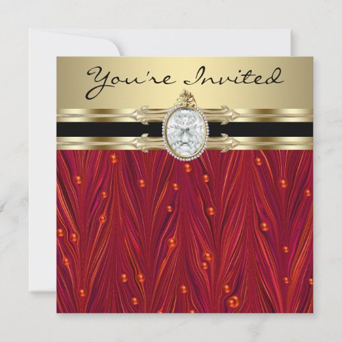 Red Pearls Black Gold Womans Birthday Party Invitation