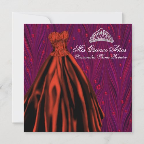 Red Pearls Red Dress Purple Red Quinceanera Invitation