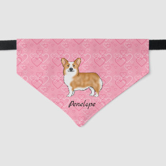 Red Pembroke Welsh Corgi And Hearts With Pet Name Bandana Collar