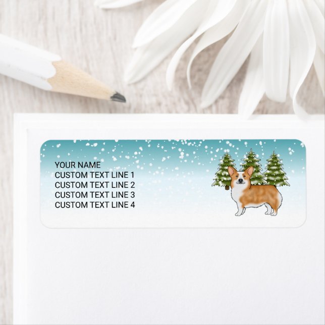 Red Pembroke Welsh Corgi Blue Winter Christmas Label (Insitu)