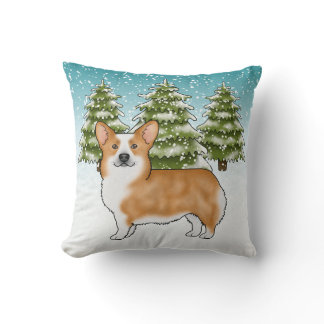 Red Pembroke Welsh Corgi Blue Winter Christmas Throw Pillow