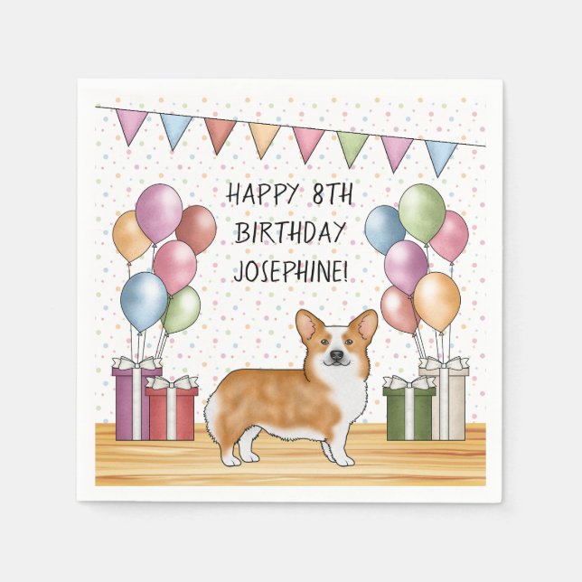 Red Pembroke Welsh Corgi Colorful Happy Birthday Napkins (Front)