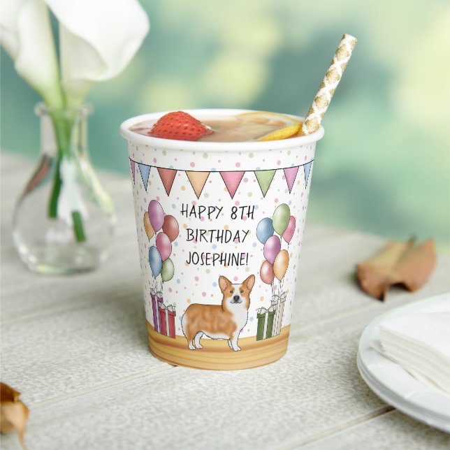 Red Pembroke Welsh Corgi Colorful Happy Birthday Paper Cups (Insitu)