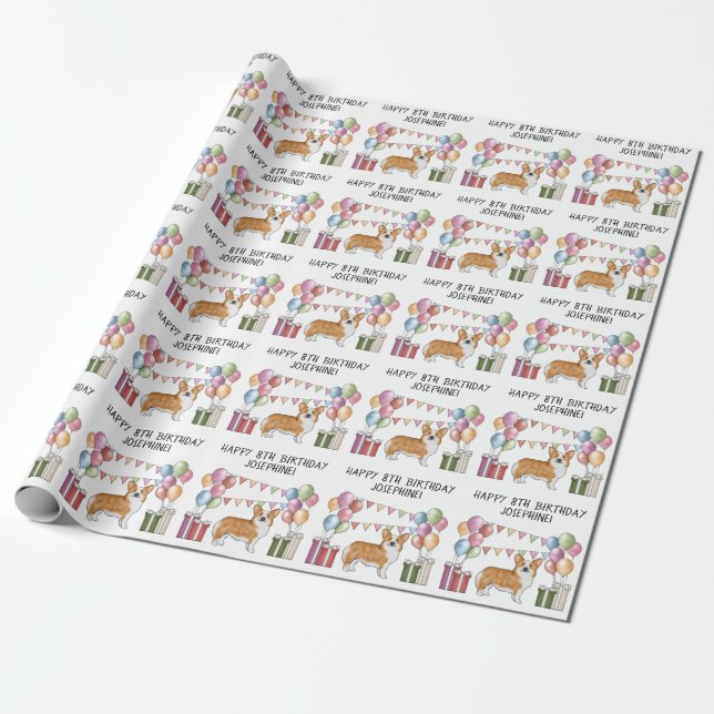 Red Pembroke Welsh Corgi Colorful Happy Birthday Wrapping Paper (Unrolled)