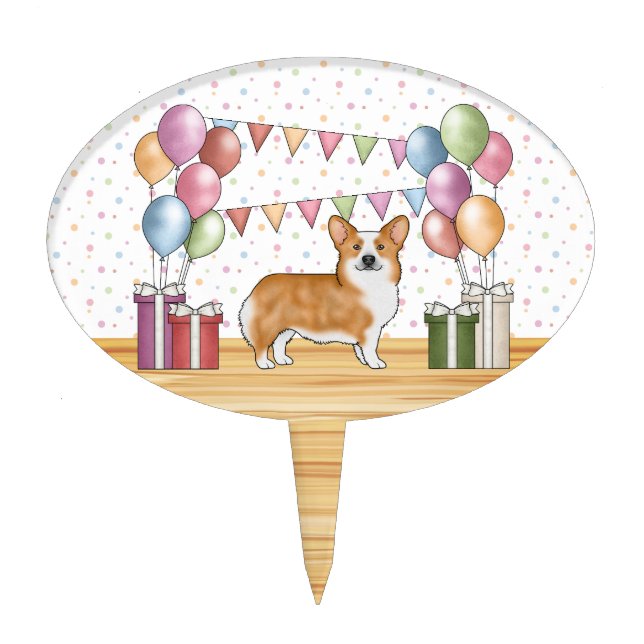 Red Pembroke Welsh Corgi Colorful Pastel Birthday Cake Topper (Front)