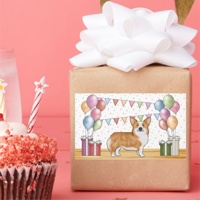 Red Pembroke Welsh Corgi Colorful Pastel Birthday Rectangular Sticker (Party)