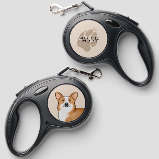 Red Pembroke Welsh Corgi Cute Dog With Custom Name Retractable Pet Leash (Front & Back)