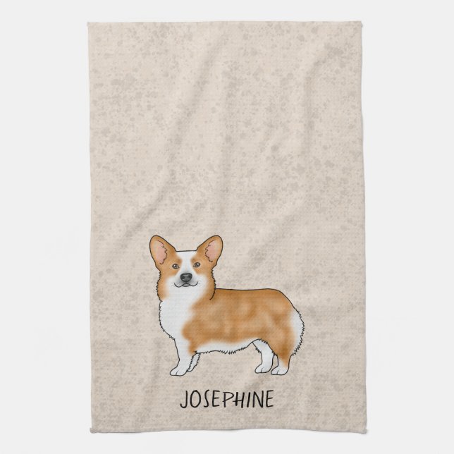 Red Pembroke Welsh Corgi Cute Dog With Custom Text Kitchen Towel (Vertical)