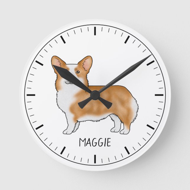 Red Pembroke Welsh Corgi Cute Dog With Custom Text Round Clock (Front)