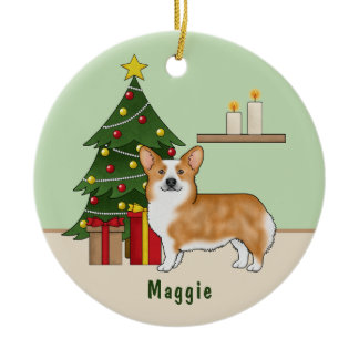 Red Pembroke Welsh Corgi Dog And Christmas Tree Ceramic Ornament