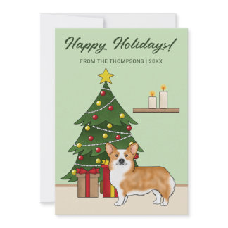 Red Pembroke Welsh Corgi Dog And Christmas Tree Holiday Card
