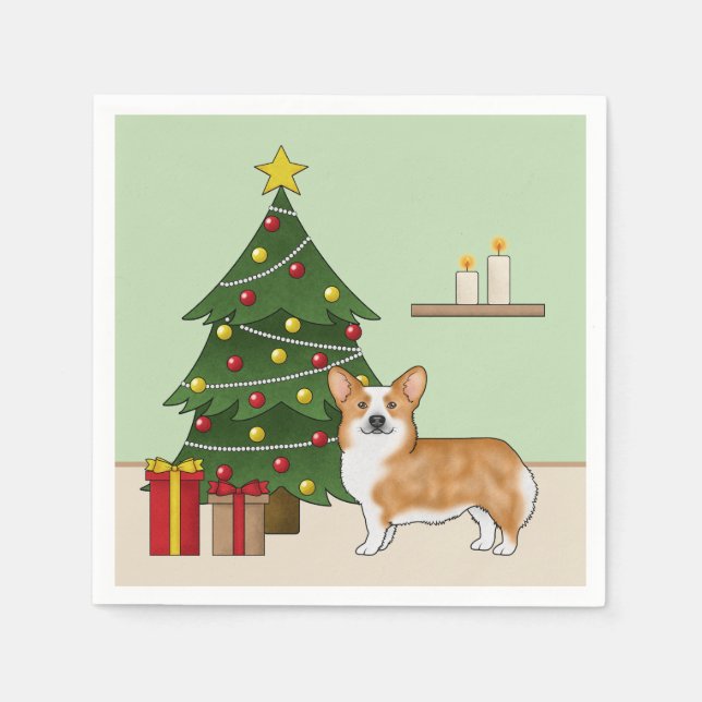 Red Pembroke Welsh Corgi Dog And Christmas Tree Napkins (Front)