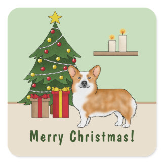 Red Pembroke Welsh Corgi Dog And Christmas Tree Square Sticker