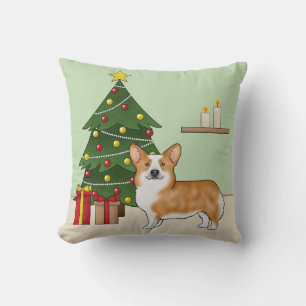 Red Pembroke Welsh Corgi Dog And Christmas Tree Throw Pillow