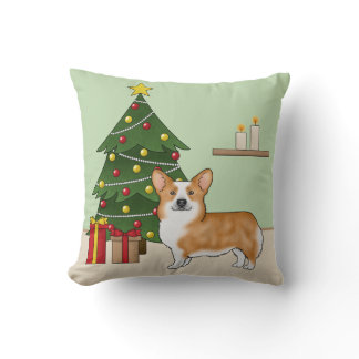 Red Pembroke Welsh Corgi Dog And Christmas Tree Throw Pillow
