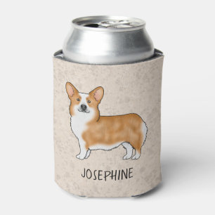 Red Pembroke Welsh Corgi Dog And Custom Name Beige Can Cooler