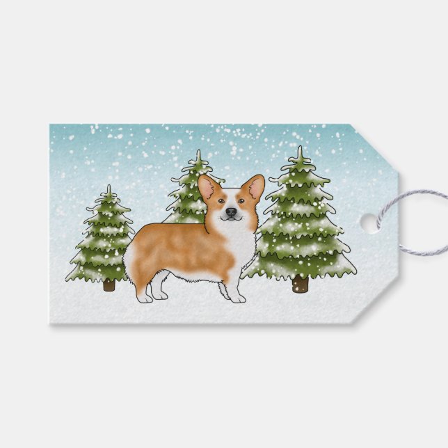Red Pembroke Welsh Corgi Dog Blue Snowy Christmas Gift Tags (Front (Horizontal))