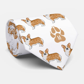 Red Pembroke Welsh Corgi Dog Pattern With Monogram Neck Tie