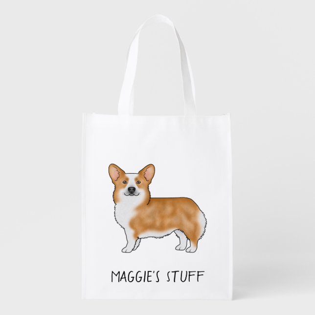 Red Pembroke Welsh Corgi Dog With Custom Text Grocery Bag (Front)