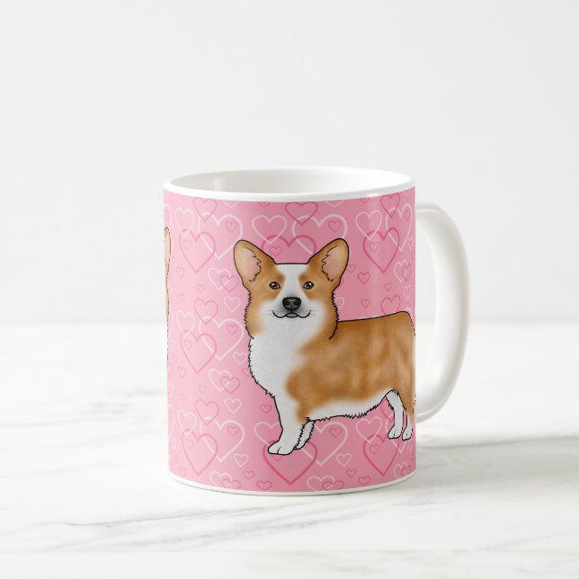 Red Pembroke Welsh Corgi Love Heart Pattern Pink Coffee Mug (Front Right)
