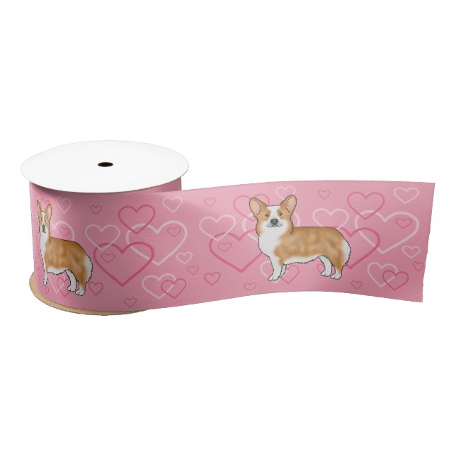Red Pembroke Welsh Corgi Love Heart Pattern Pink Satin Ribbon (Spool)