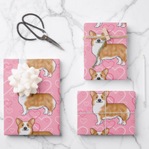 Red Pembroke Welsh Corgi Love Heart Pattern Pink Wrapping Paper Sheets
