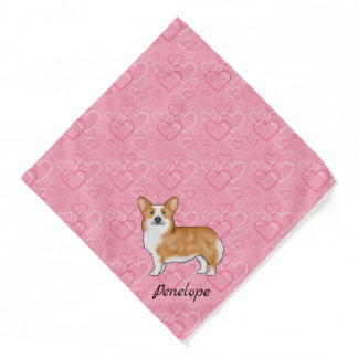 Red Pembroke Welsh Corgi On Pink Hearts With Name Bandana