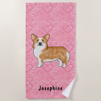 Red Pembroke Welsh Corgi On Pink Hearts With Name Beach Towel