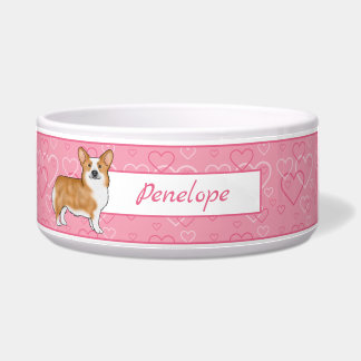Red Pembroke Welsh Corgi On Pink Hearts With Name Bowl
