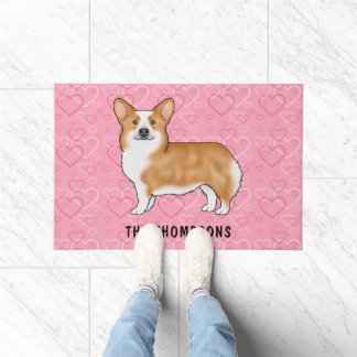 Red Pembroke Welsh Corgi On Pink Hearts With Name Doormat