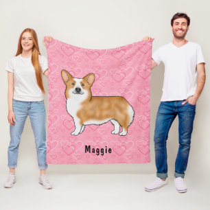 Red Pembroke Welsh Corgi On Pink Hearts With Name Fleece Blanket