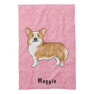 Red Pembroke Welsh Corgi On Pink Hearts With Name Kitchen Towel