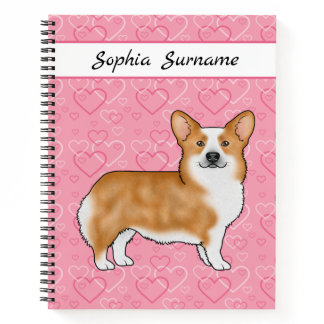 Red Pembroke Welsh Corgi On Pink Hearts With Name Notebook